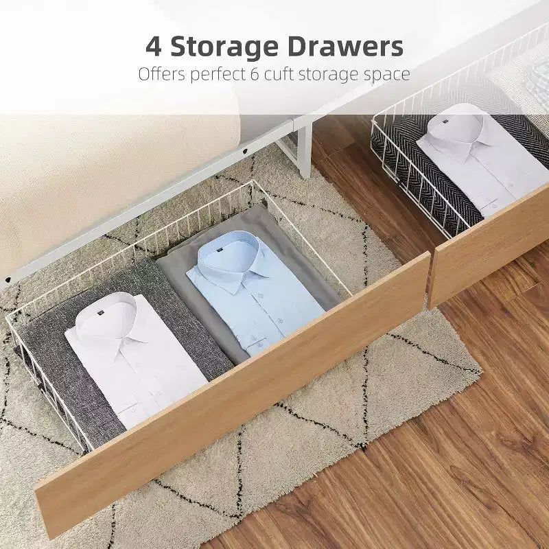 Cadre de lit en métal avec tête de lit, cadre de lit avec 4 tiroirs de rangement, lit queen size robuste avec rangement sous le lit/sommier tapissier non requis