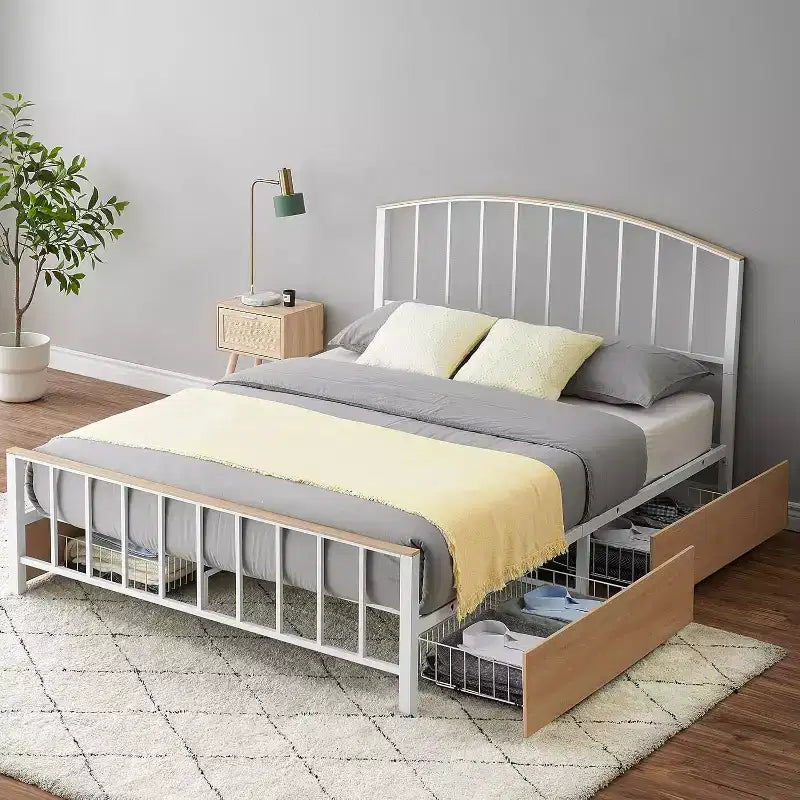 Cadre de lit en métal avec tête de lit, cadre de lit avec 4 tiroirs de rangement, lit queen size robuste avec rangement sous le lit/sommier tapissier non requis