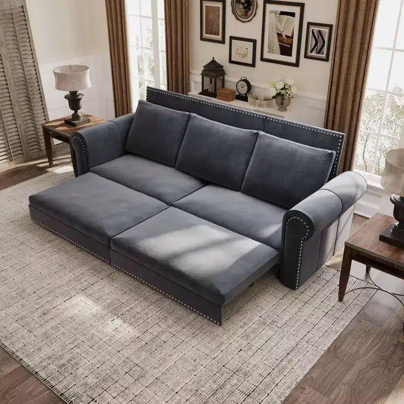 MAYEERTY Canapé-Lit Extractible King Size 93,7 po, Canapé-Lit Convertible 3 en 1 en Velours avec Clous Décoratifs et Accoudoirs Ronds Gris