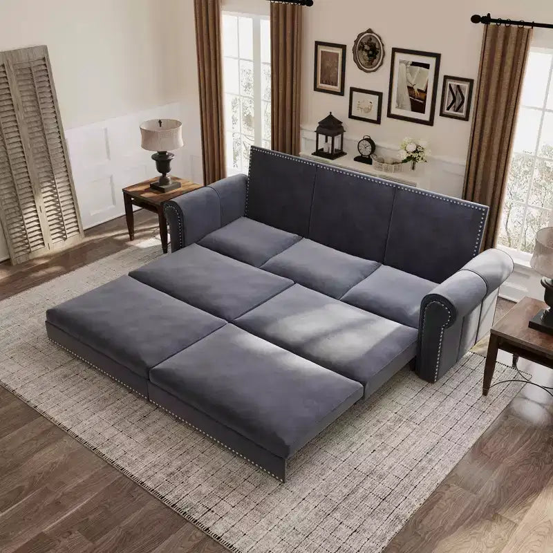 MAYEERTY Canapé-Lit Extractible King Size 93,7 po, Canapé-Lit Convertible 3 en 1 en Velours avec Clous Décoratifs et Accoudoirs Ronds Gris