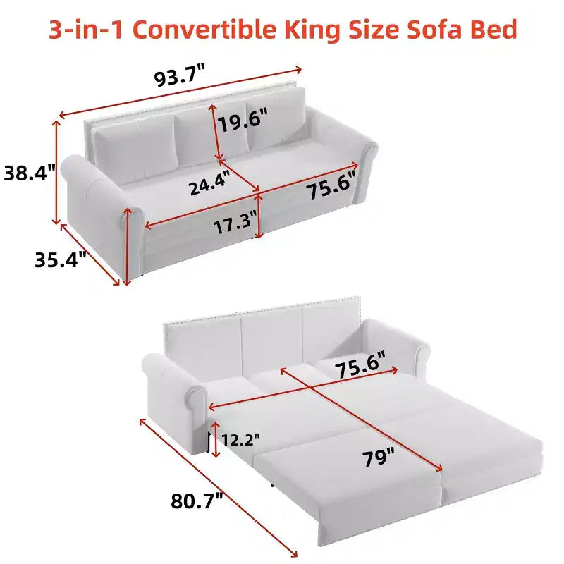 MAYEERTY Canapé-Lit Extractible King Size 93,7 po, Canapé-Lit Convertible 3 en 1 en Velours avec Clous Décoratifs et Accoudoirs Ronds Gris
