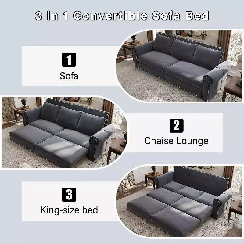 MAYEERTY Canapé-Lit Extractible King Size 93,7 po, Canapé-Lit Convertible 3 en 1 en Velours avec Clous Décoratifs et Accoudoirs Ronds Gris