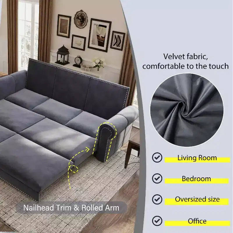 MAYEERTY Canapé-Lit Extractible King Size 93,7 po, Canapé-Lit Convertible 3 en 1 en Velours avec Clous Décoratifs et Accoudoirs Ronds Gris