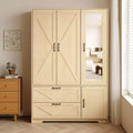 GDFStudio Prya Farmhouse Mirror Wardrobe Closet with LED Lights, Hanging Rod, 4 Doors and 2 Drawers