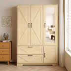 GDFStudio Prya Farmhouse Mirror Wardrobe Closet with LED Lights, Hanging Rod, 4 Doors and 2 Drawers