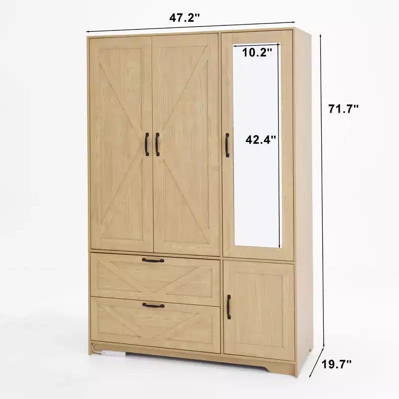 Garde-robe de style rustique Prya GDFStudio avec miroir, éclairage LED, tringle à vêtements, 4 portes et 2 tiroirs