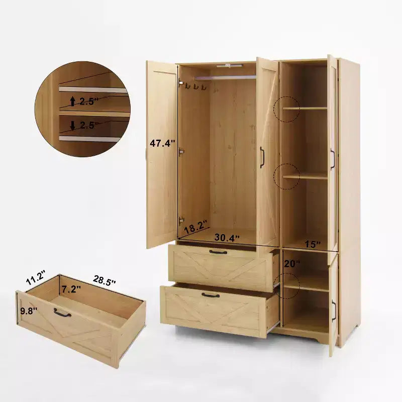 Garde-robe de style rustique Prya GDFStudio avec miroir, éclairage LED, tringle à vêtements, 4 portes et 2 tiroirs