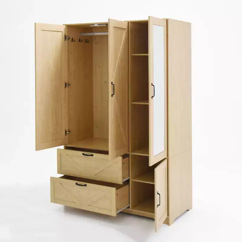 Garde-robe de style rustique Prya GDFStudio avec miroir, éclairage LED, tringle à vêtements, 4 portes et 2 tiroirs