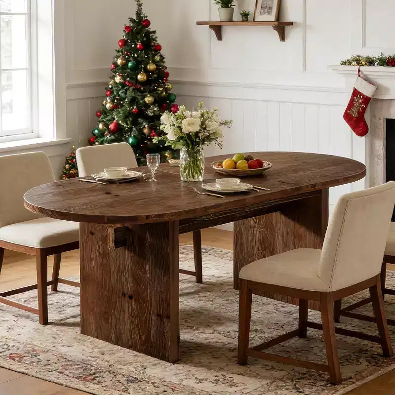 Table à manger ovale Lantine de 63 pouces en bois massif, table de cuisine de style campagnard pour 4 à 6 personnes avec double pied central pour salle à manger