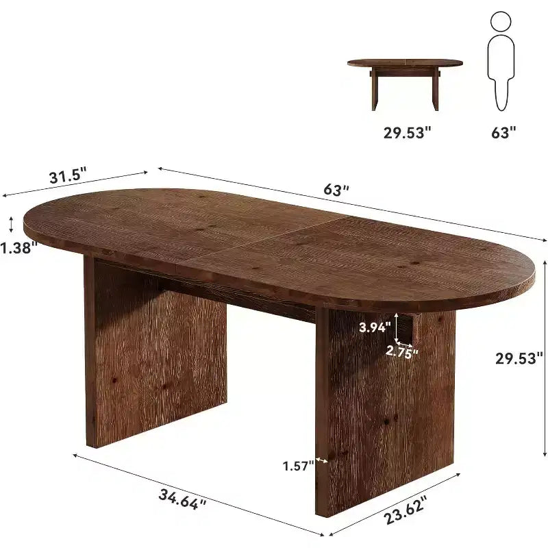 Table à manger ovale Lantine de 63 pouces en bois massif, table de cuisine de style campagnard pour 4 à 6 personnes avec double pied central pour salle à manger