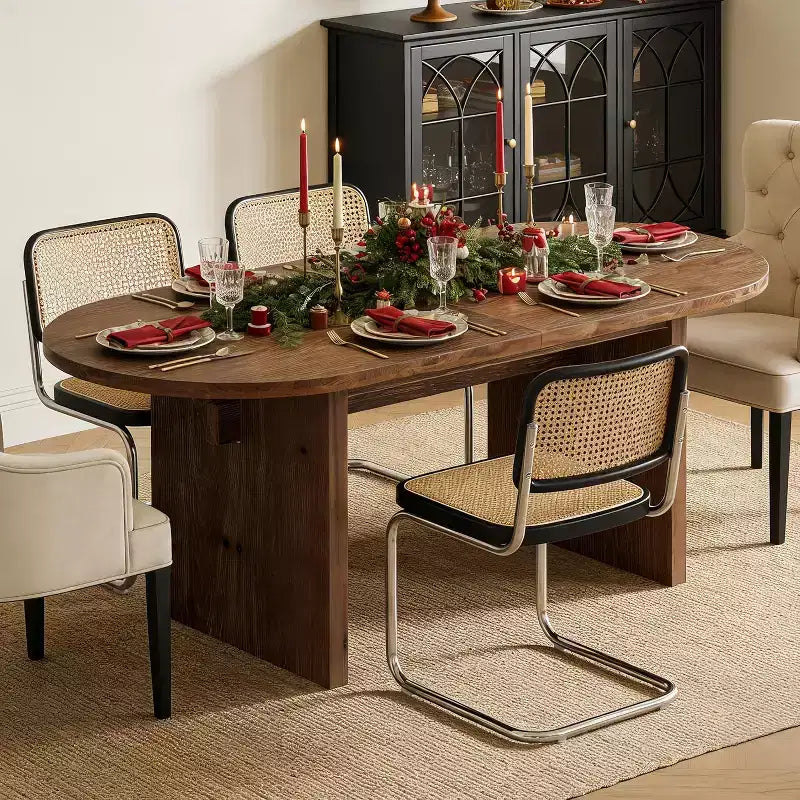 Table à manger ovale Lantine de 63 pouces en bois massif, table de cuisine de style campagnard pour 4 à 6 personnes avec double pied central pour salle à manger