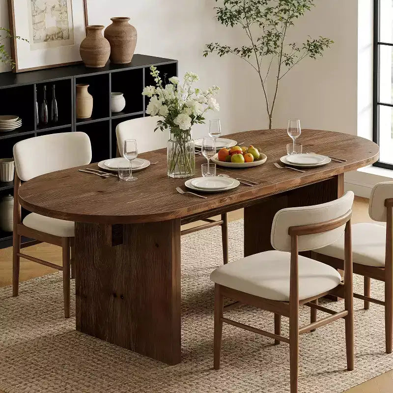 Table à manger ovale Lantine de 63 pouces en bois massif, table de cuisine de style campagnard pour 4 à 6 personnes avec double pied central pour salle à manger