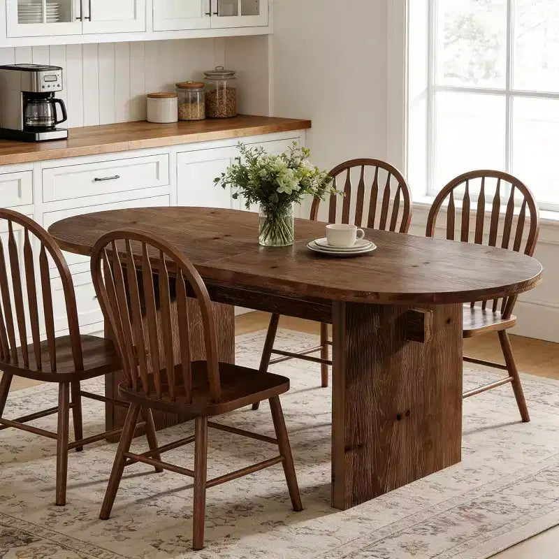 Table à manger ovale Lantine de 63 pouces en bois massif, table de cuisine de style campagnard pour 4 à 6 personnes avec double pied central pour salle à manger