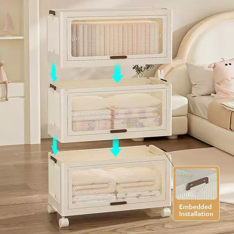 Armoire de rangement avec couvercle, grandes boîtes de rangement en plastique, armoire pliable avec roulettes, boîtes de rangement empilables avec porte
