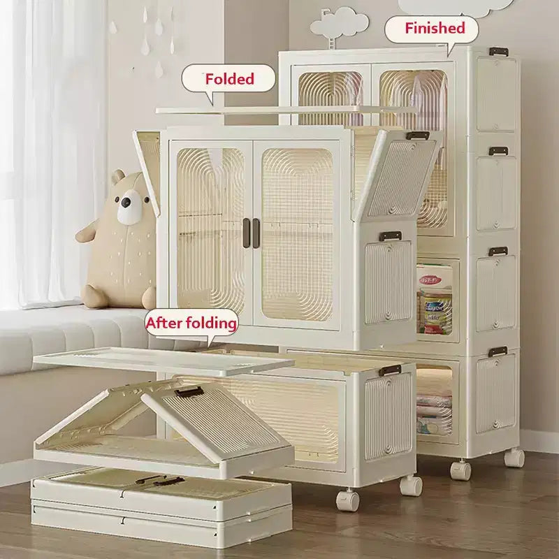 Armoire de rangement avec couvercle, grandes boîtes de rangement en plastique, armoire pliable avec roulettes, boîtes de rangement empilables avec porte