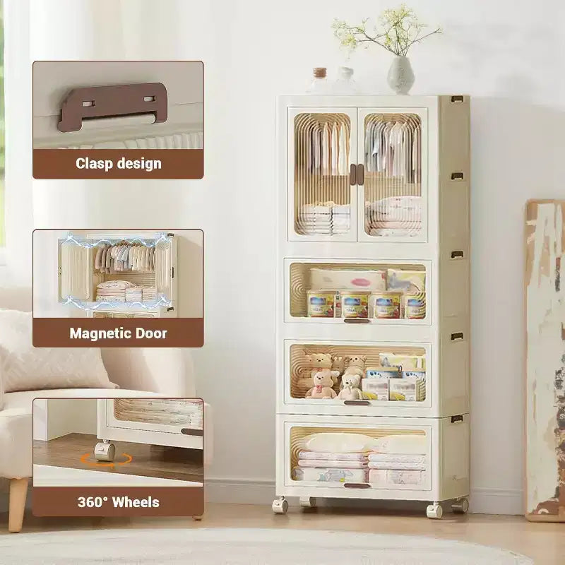 Armoire de rangement avec couvercle, grandes boîtes de rangement en plastique, armoire pliable avec roulettes, boîtes de rangement empilables avec porte