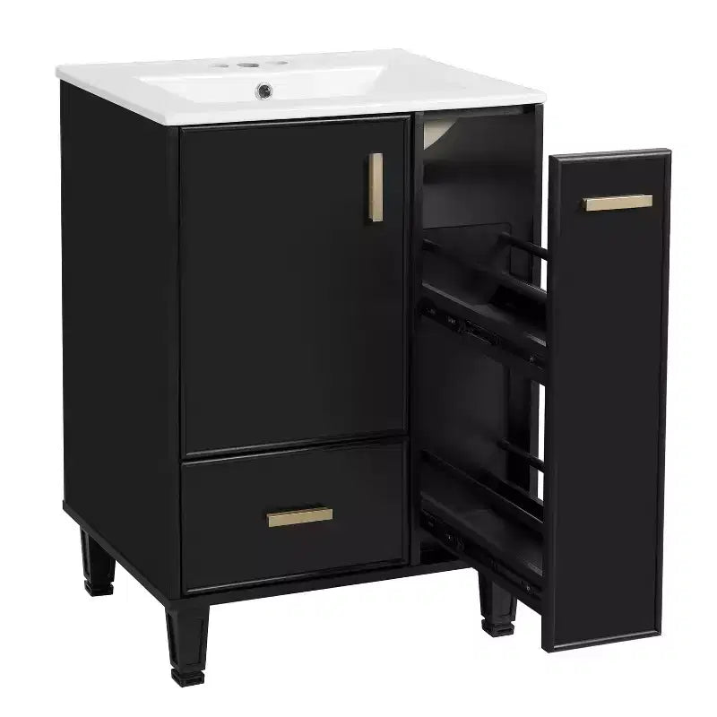 Meuble-lavabo de salle de bain compact de 61 cm avec évier, armoire de rangement de salle de bain avec tiroirs et étagère de porte, meuble-lavabo à lavabo simple