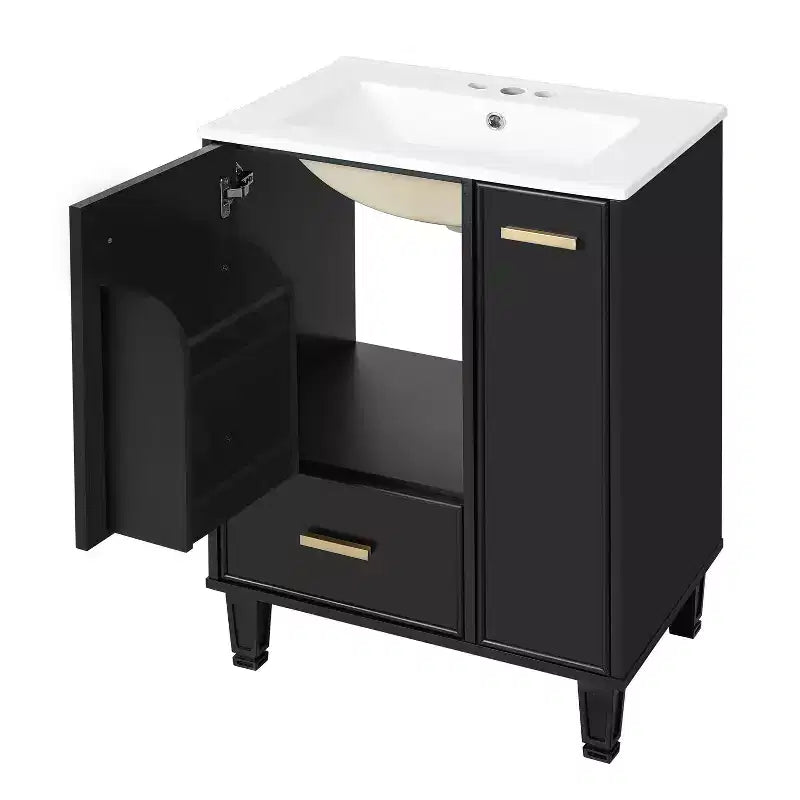 Meuble-lavabo de salle de bain compact de 61 cm avec évier, armoire de rangement de salle de bain avec tiroirs et étagère de porte, meuble-lavabo à lavabo simple