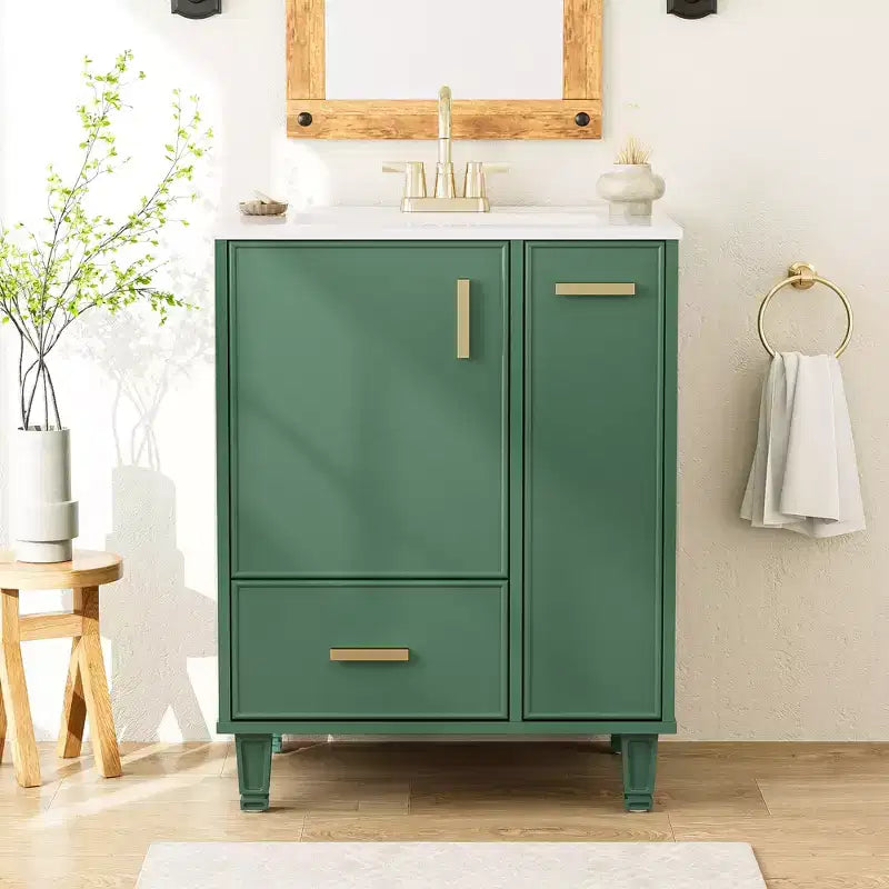 Meuble-lavabo de salle de bain compact de 61 cm avec évier, armoire de rangement de salle de bain avec tiroirs et étagère de porte, meuble-lavabo à lavabo simple