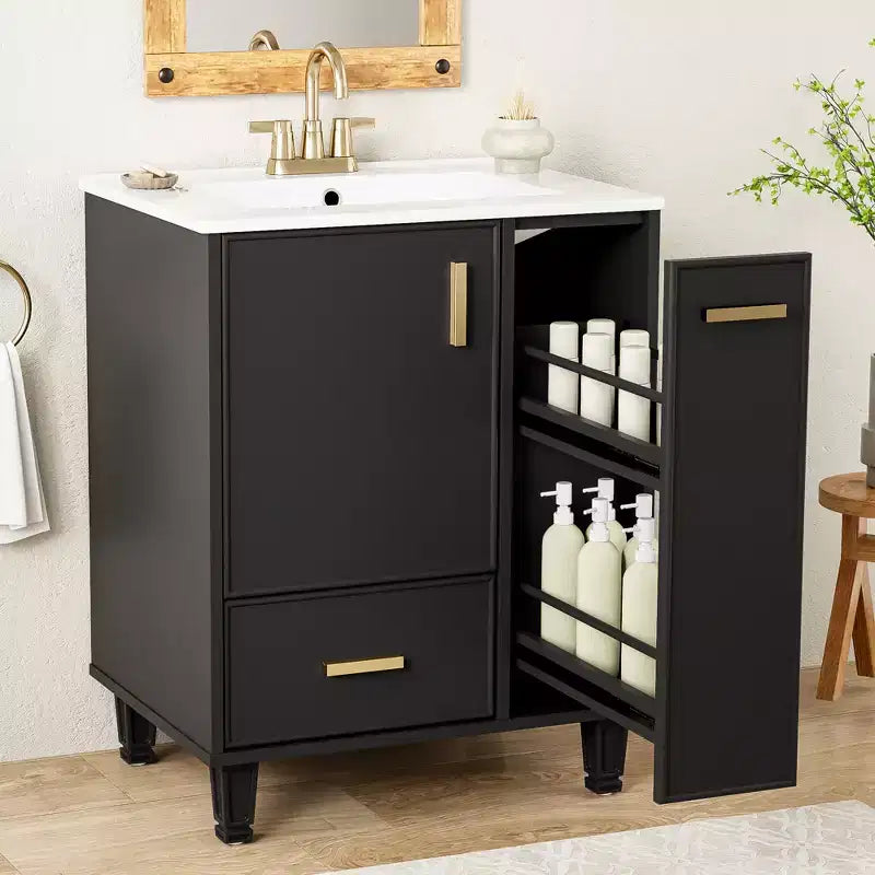 Meuble-lavabo de salle de bain compact de 61 cm avec évier, armoire de rangement de salle de bain avec tiroirs et étagère de porte, meuble-lavabo à lavabo simple