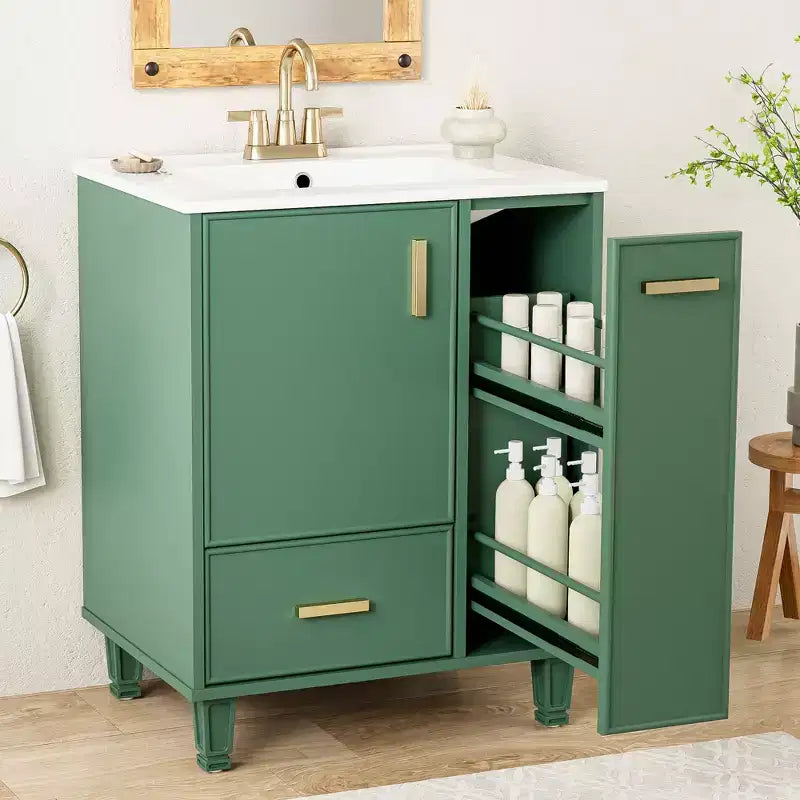 Meuble-lavabo de salle de bain compact de 61 cm avec évier, armoire de rangement de salle de bain avec tiroirs et étagère de porte, meuble-lavabo à lavabo simple