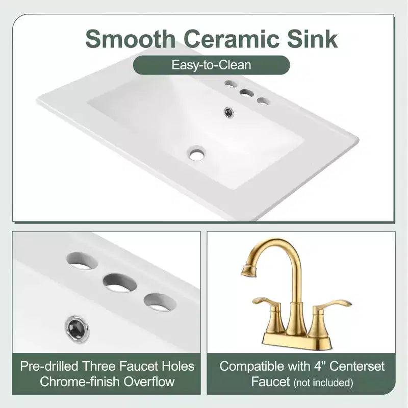 Meuble-lavabo de salle de bain compact de 61 cm avec évier, armoire de rangement de salle de bain avec tiroirs et étagère de porte, meuble-lavabo à lavabo simple