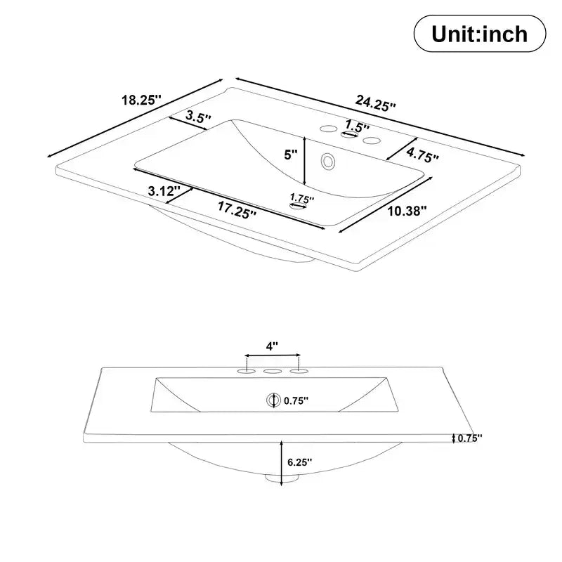 Meuble-lavabo de salle de bain compact de 61 cm avec évier, armoire de rangement de salle de bain avec tiroirs et étagère de porte, meuble-lavabo à lavabo simple