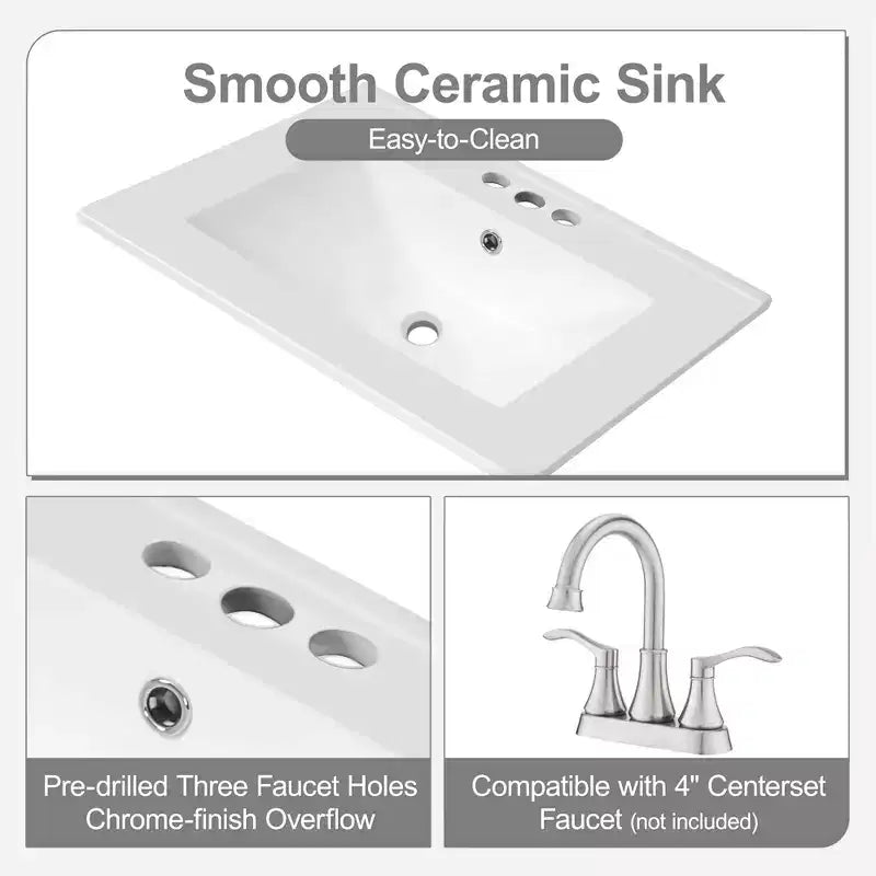 Meuble-lavabo de salle de bain compact de 61 cm avec évier, armoire de rangement de salle de bain avec tiroirs et étagère de porte, meuble-lavabo à lavabo simple