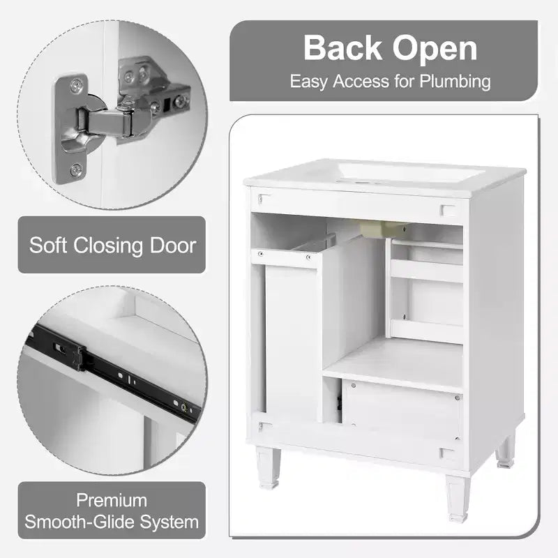 Meuble-lavabo de salle de bain compact de 61 cm avec évier, armoire de rangement de salle de bain avec tiroirs et étagère de porte, meuble-lavabo à lavabo simple
