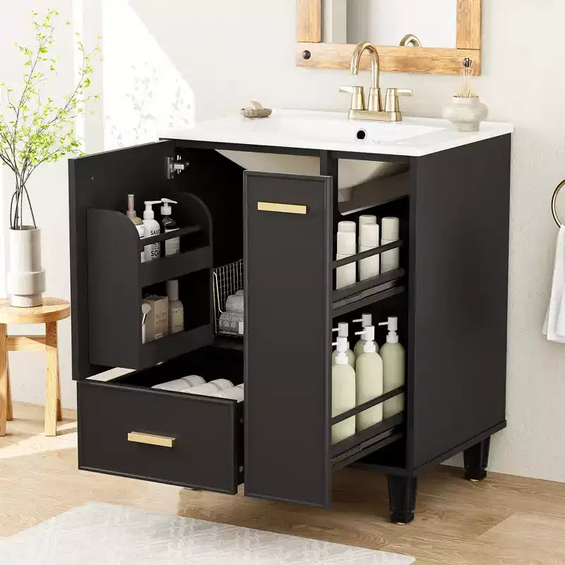 Meuble-lavabo de salle de bain compact de 61 cm avec évier, armoire de rangement de salle de bain avec tiroirs et étagère de porte, meuble-lavabo à lavabo simple