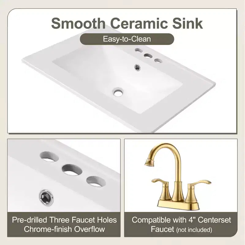 Meuble-lavabo de salle de bain compact de 61 cm avec évier, armoire de rangement de salle de bain avec tiroirs et étagère de porte, meuble-lavabo à lavabo simple