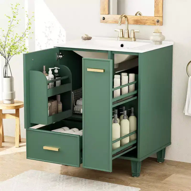 Meuble-lavabo de salle de bain compact de 61 cm avec évier, armoire de rangement de salle de bain avec tiroirs et étagère de porte, meuble-lavabo à lavabo simple