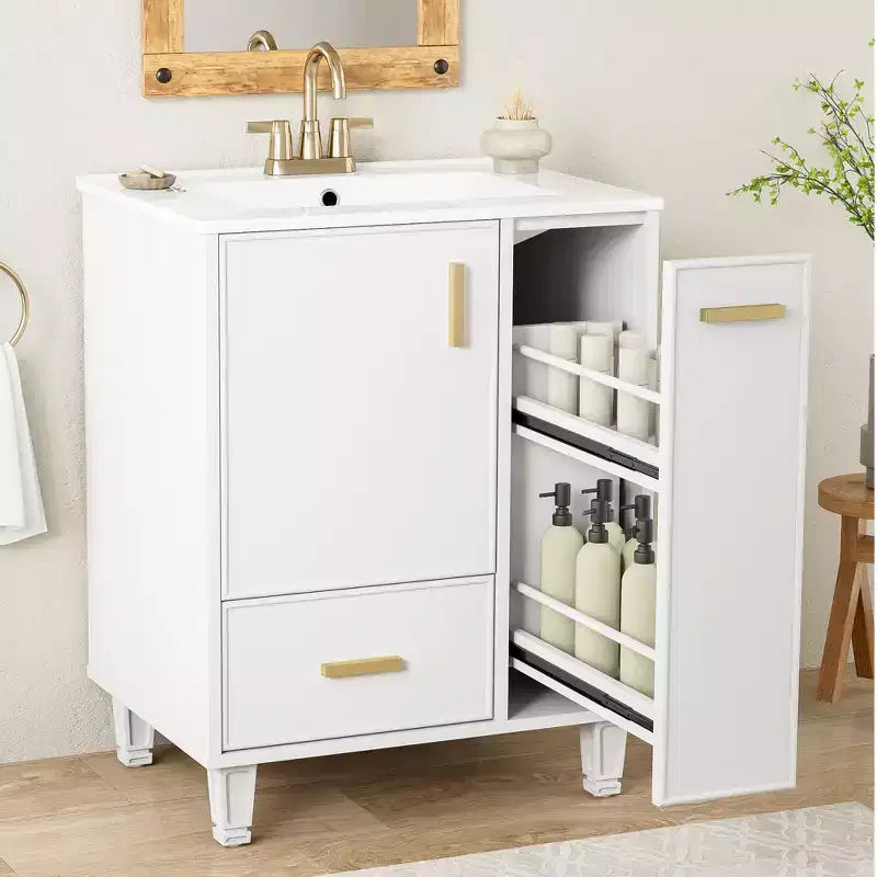Meuble-lavabo de salle de bain compact de 61 cm avec évier, armoire de rangement de salle de bain avec tiroirs et étagère de porte, meuble-lavabo à lavabo simple