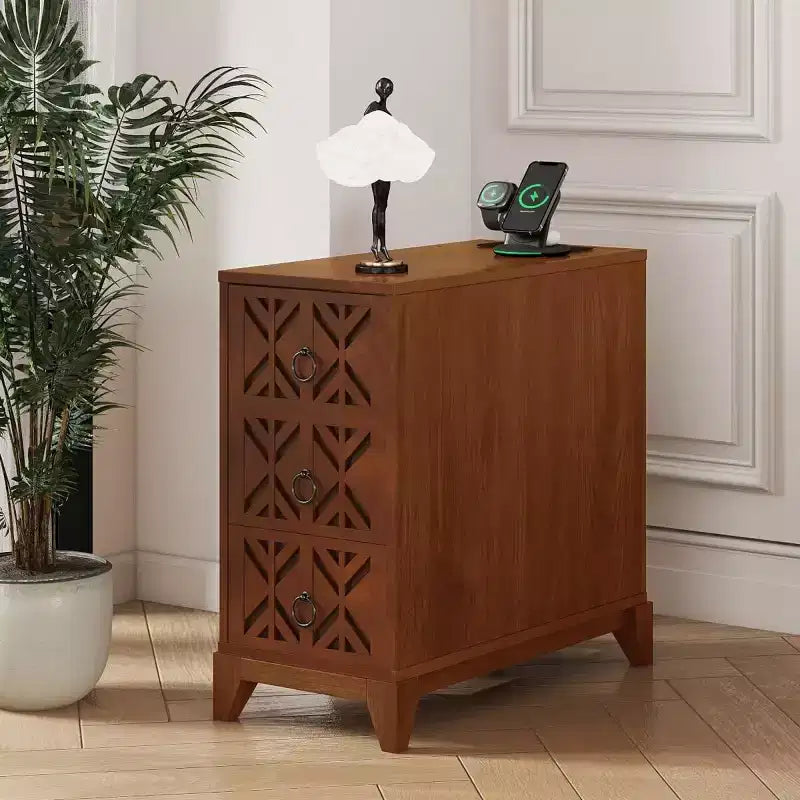 Table d'appoint avec 3 tiroirs, Table d'angle avec 2 étagères ouvertes, Table d'appoint haute pour chambre et coin, Noyer, Date d'arrivée prévue
