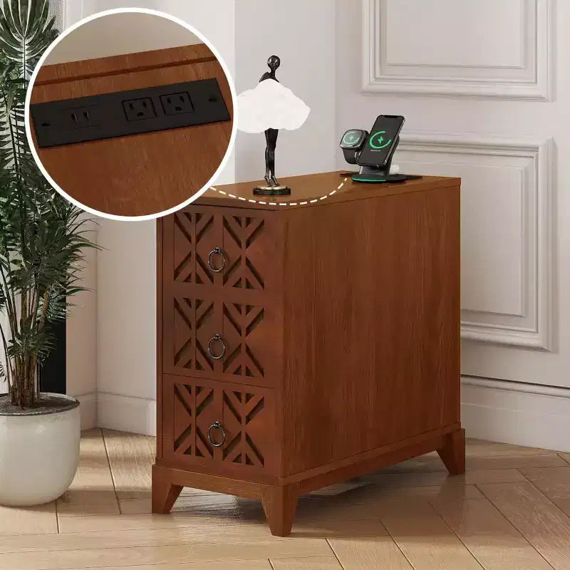 Table d'appoint avec 3 tiroirs, Table d'angle avec 2 étagères ouvertes, Table d'appoint haute pour chambre et coin, Noyer, Date d'arrivée prévue