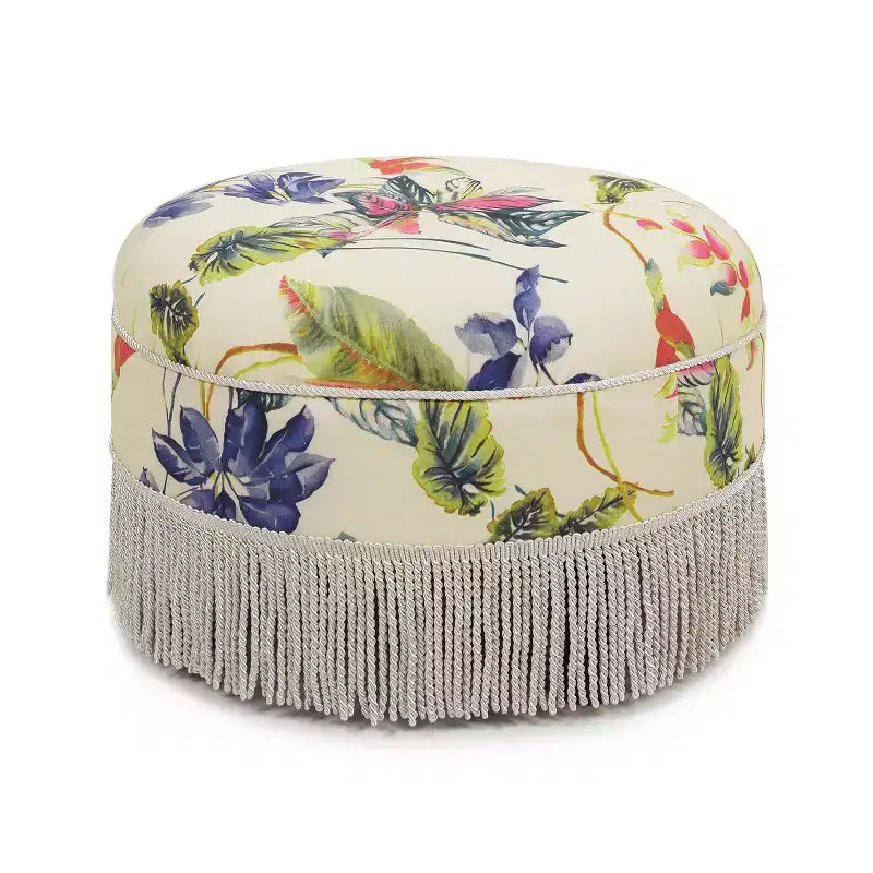 TUYOHW Pouf rond floral tropical de 24 po avec franges et pompons, tabouret ottoman vintage pour salon et chambre, beige