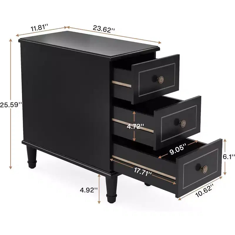 Table d'appoint Lantine Wood, Table de chevet étroite entièrement assemblée avec tiroirs, Table de chevet fine pour petits espaces, Salon, Chambre, Noir