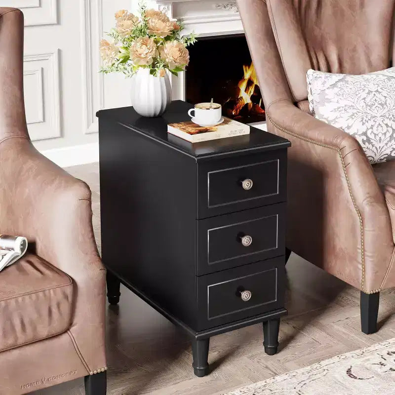 Table d'appoint Lantine Wood, Table de chevet étroite entièrement assemblée avec tiroirs, Table de chevet fine pour petits espaces, Salon, Chambre, Noir
