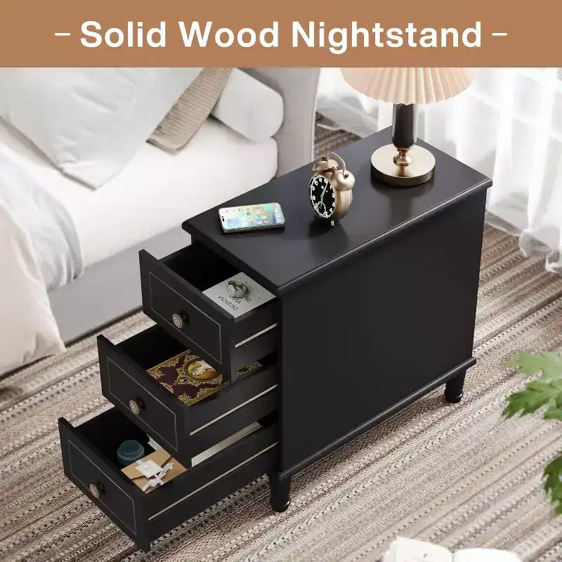 Table d'appoint Lantine Wood, Table de chevet étroite entièrement assemblée avec tiroirs, Table de chevet fine pour petits espaces, Salon, Chambre, Noir