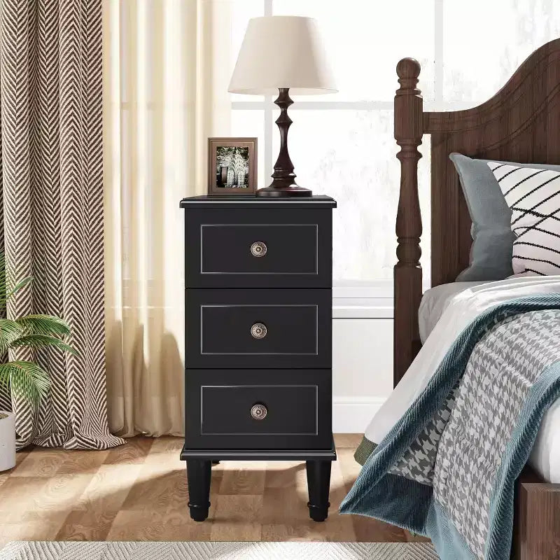 Table d'appoint Lantine Wood, Table de chevet étroite entièrement assemblée avec tiroirs, Table de chevet fine pour petits espaces, Salon, Chambre, Noir