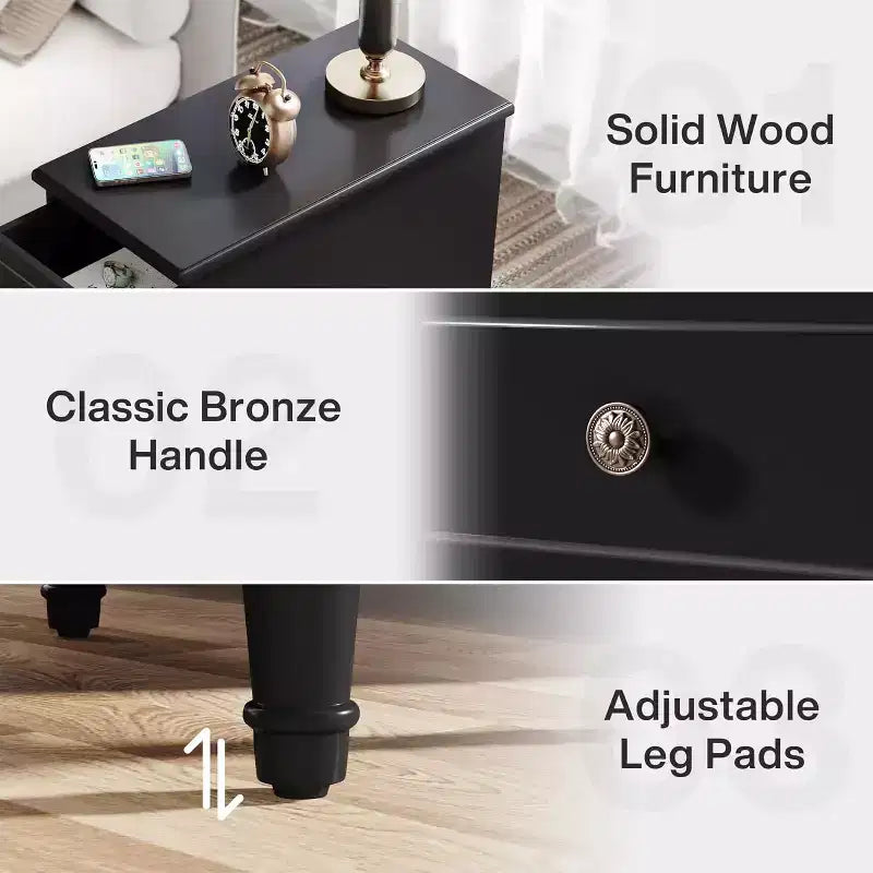 Table d'appoint Lantine Wood, Table de chevet étroite entièrement assemblée avec tiroirs, Table de chevet fine pour petits espaces, Salon, Chambre, Noir