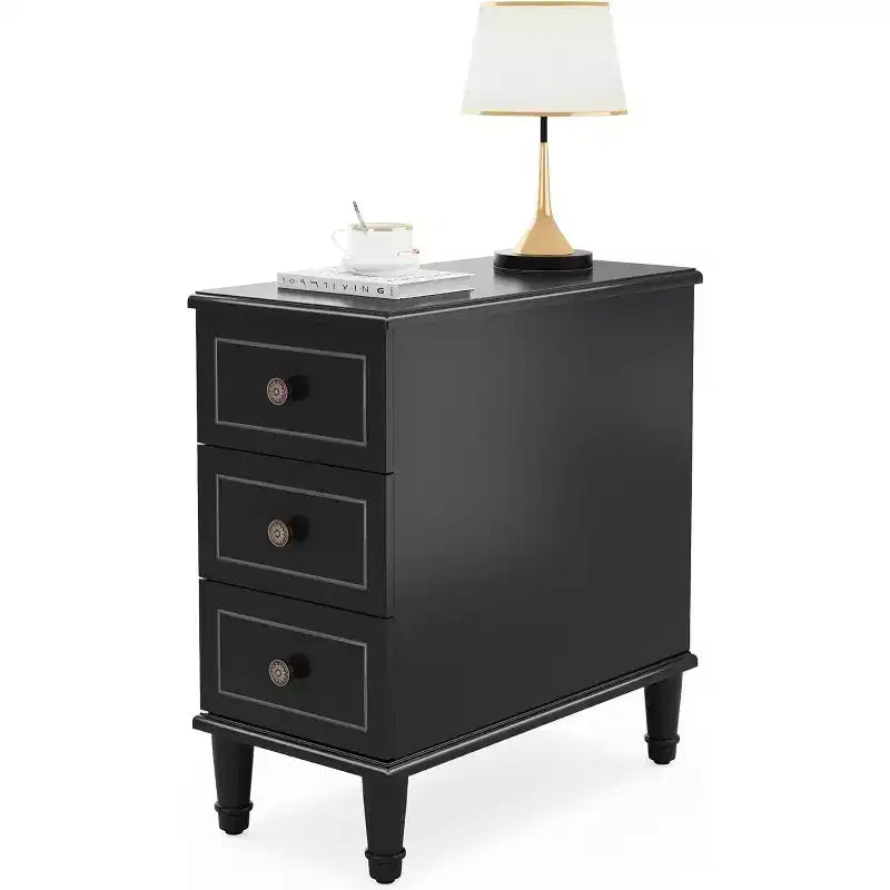 Table d'appoint Lantine Wood, Table de chevet étroite entièrement assemblée avec tiroirs, Table de chevet fine pour petits espaces, Salon, Chambre, Noir