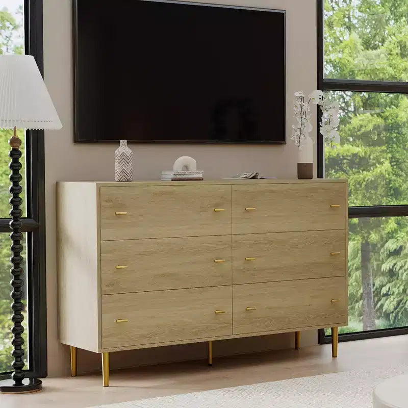 Commode à 6 tiroirs pour chambre à coucher, commode rustique en bois de 120 cm de large avec poignées-barres, commodes de rangement pour chambre à coucher, salon, couloir