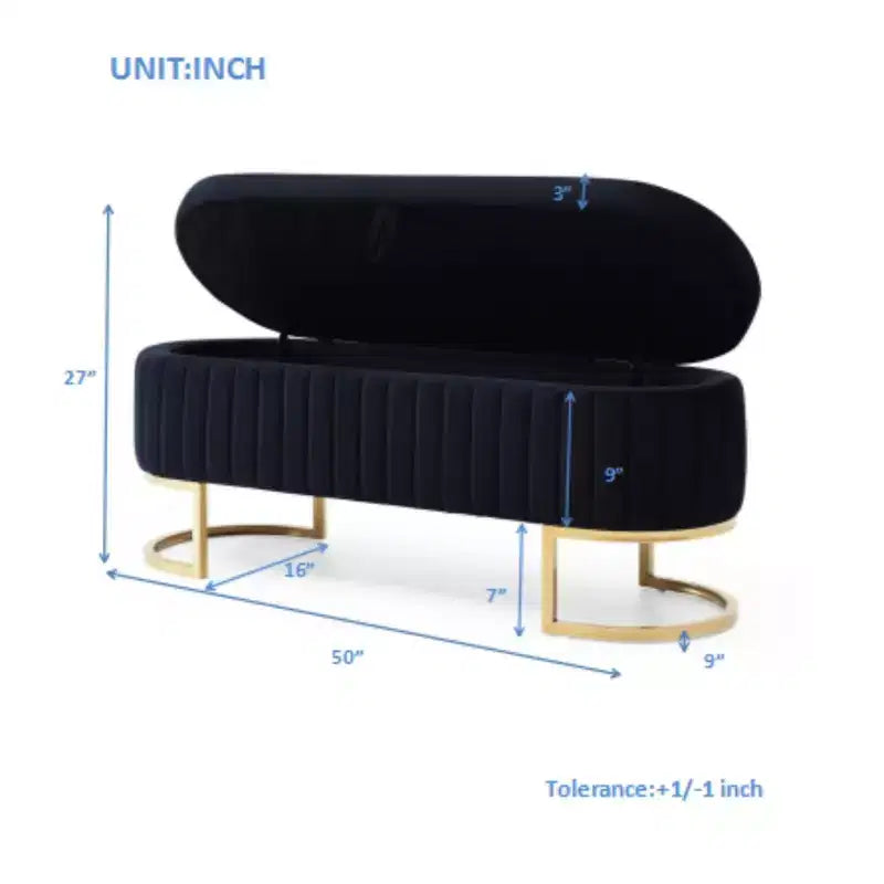 Okak 50IN Pouf de rangement ovale avec pieds en métal doré, banc d'entrée rembourré, banc de rangement de bout de lit pour chambre, salon