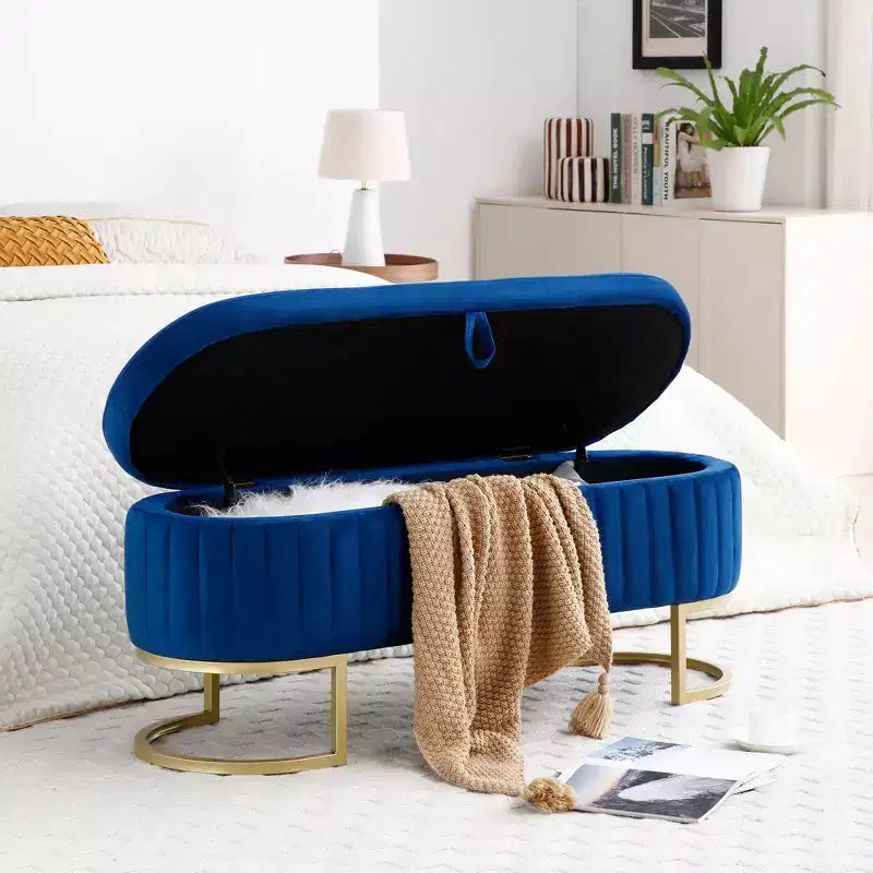 Okak 50IN Pouf de rangement ovale avec pieds en métal doré, banc d'entrée rembourré, banc de rangement de bout de lit pour chambre, salon