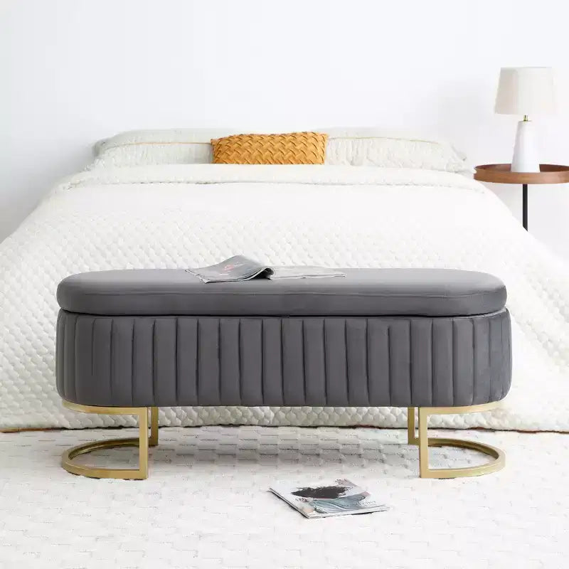 Okak 50IN Pouf de rangement ovale avec pieds en métal doré, banc d'entrée rembourré, banc de rangement de bout de lit pour chambre, salon