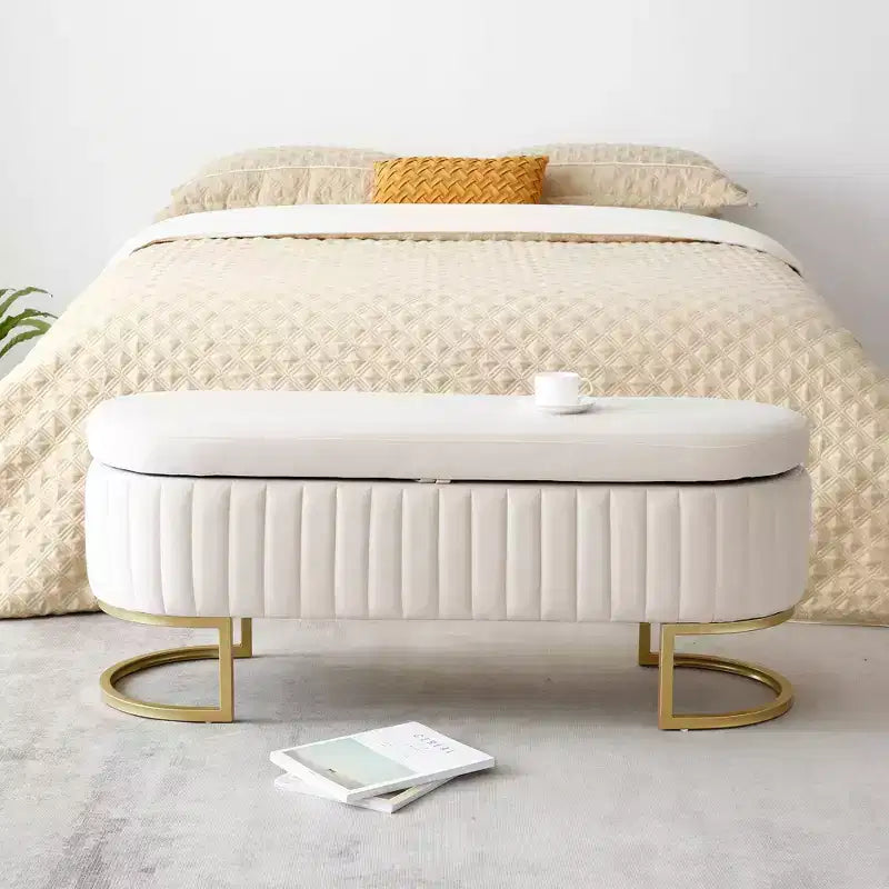 Okak 50IN Pouf de rangement ovale avec pieds en métal doré, banc d'entrée rembourré, banc de rangement de bout de lit pour chambre, salon