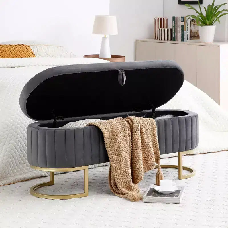 Okak 50IN Pouf de rangement ovale avec pieds en métal doré, banc d'entrée rembourré, banc de rangement de bout de lit pour chambre, salon