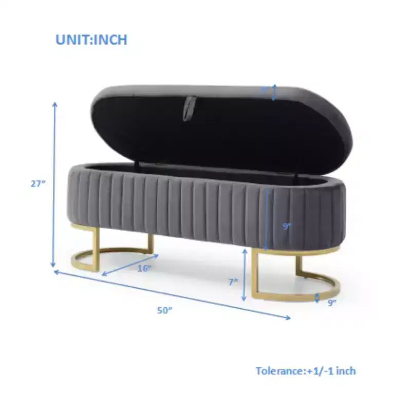 Okak 50IN Pouf de rangement ovale avec pieds en métal doré, banc d'entrée rembourré, banc de rangement de bout de lit pour chambre, salon