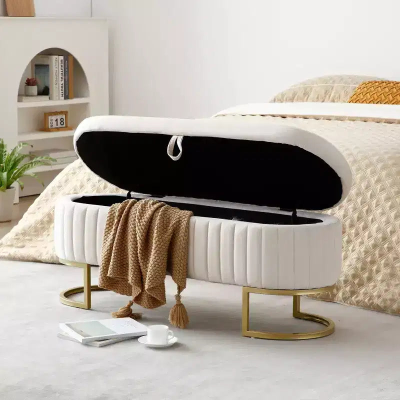 Okak 50IN Pouf de rangement ovale avec pieds en métal doré, banc d'entrée rembourré, banc de rangement de bout de lit pour chambre, salon